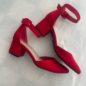Red Suede Buckle Ankle Strap Chunky Heels